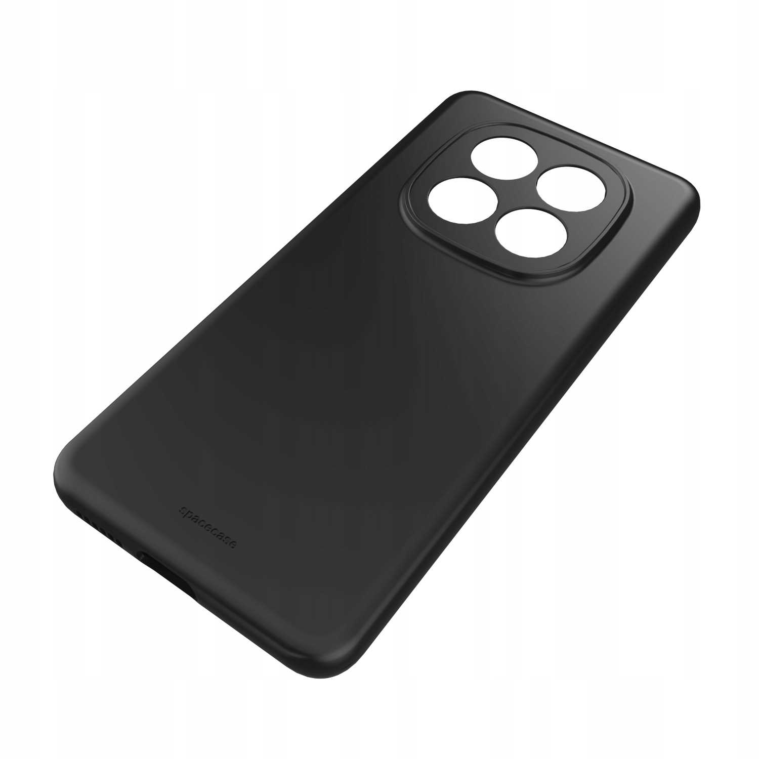 Czarne etui na telefon z prostokątnym wycięciem na moduł aparatu z czterema obiektywami.