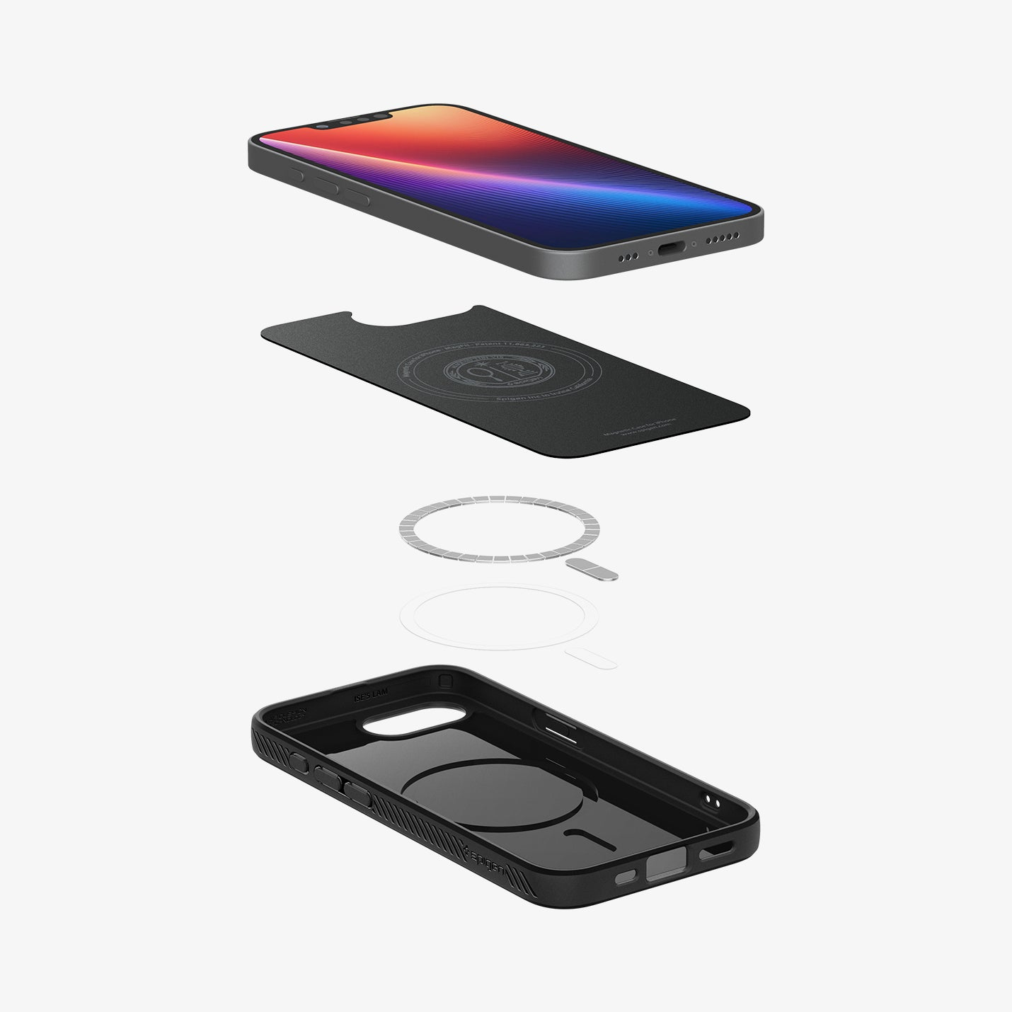 Ein iPhone, eine Schutzfolie, ein Magnetring und eine schwarze Hülle.