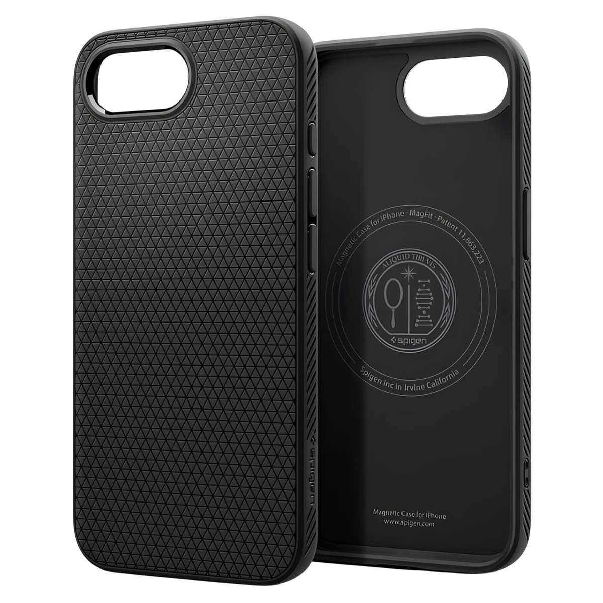 Schwarze Handyhülle für iPhone mit Wabenmuster und Spigen Logo.
