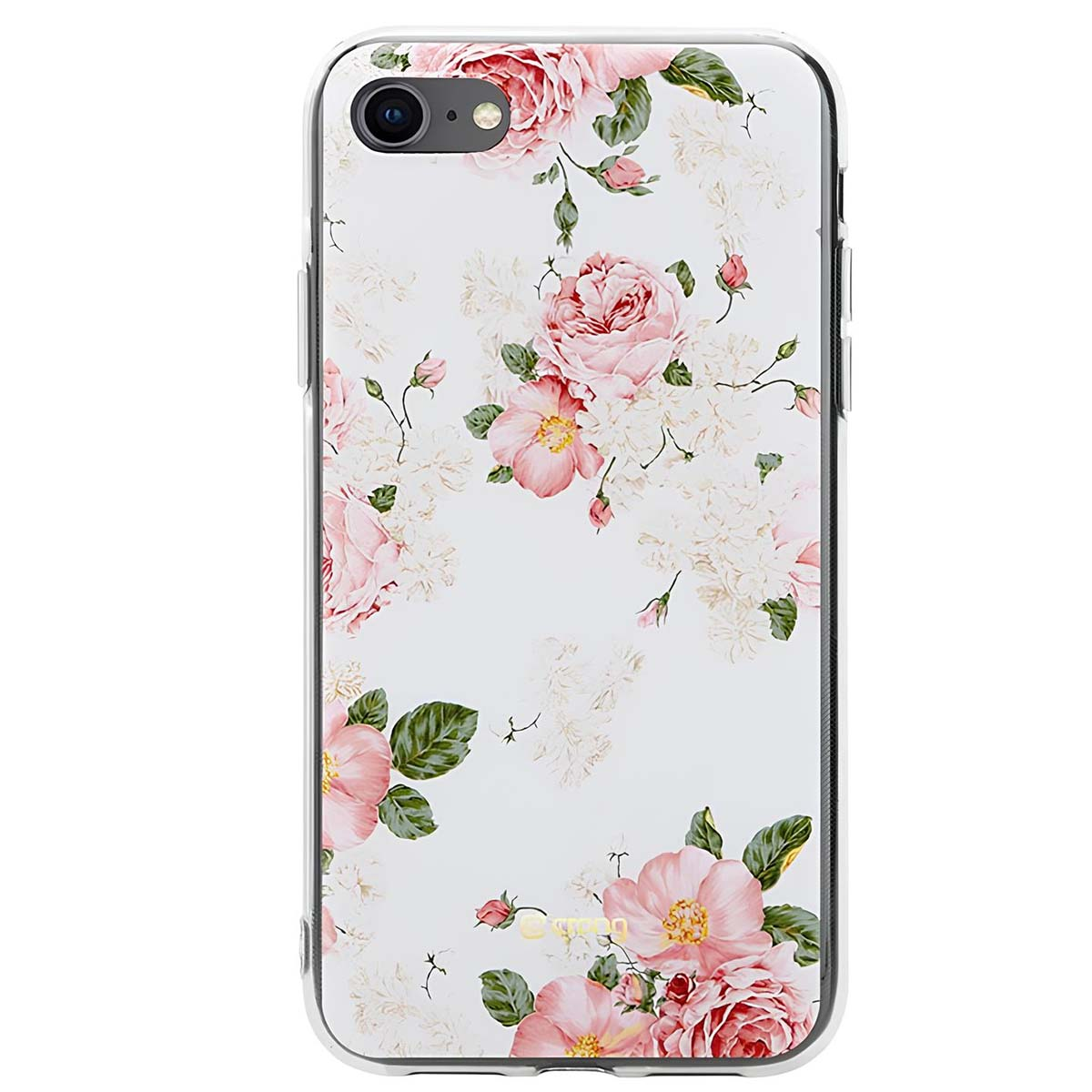 Una cover trasparente per telefono con fantasia floreale rosa e bianca.