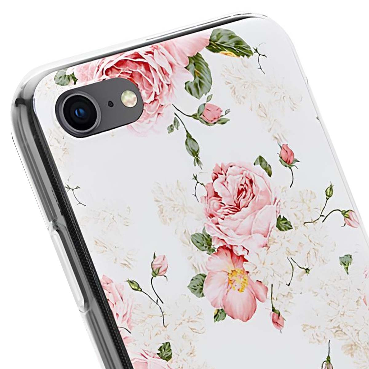 Una custodia per telefono bianca con rose rosa e foglie verdi.