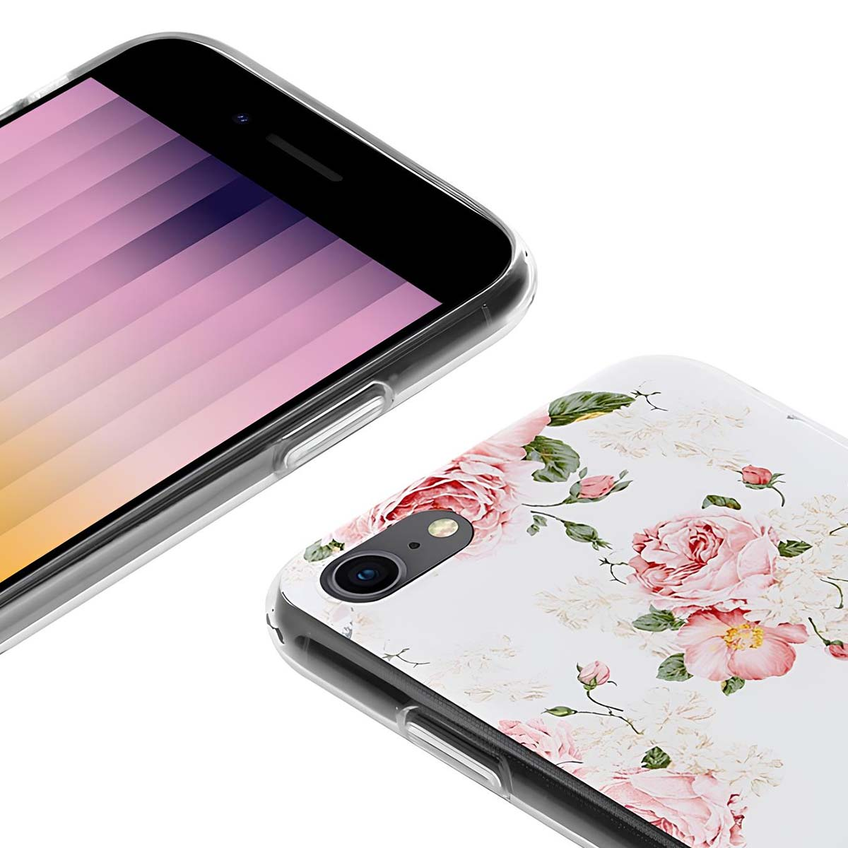 Uno smartphone con cover a fantasia di rose rosa, accanto a un altro smartphone.