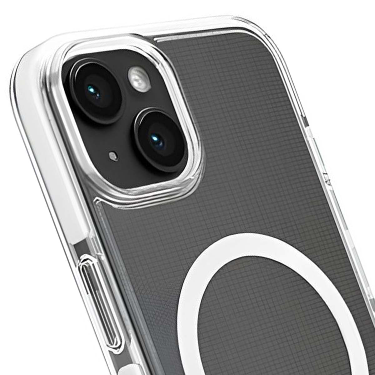 Custodia trasparente per telefono con motivo a griglia nera e modulo fotocamera.