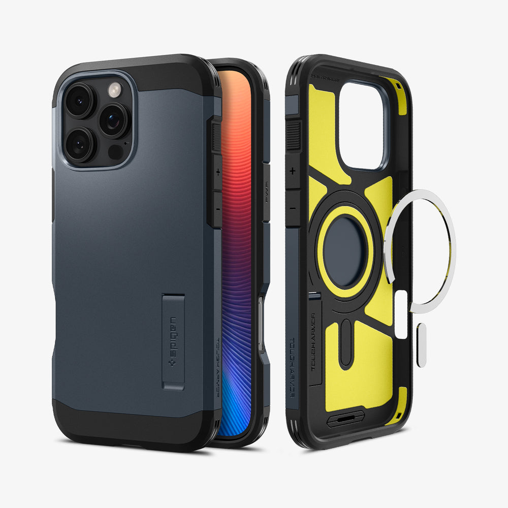 Tre custodie per telefono blu scuro e nero con interno giallo e anello argentato.