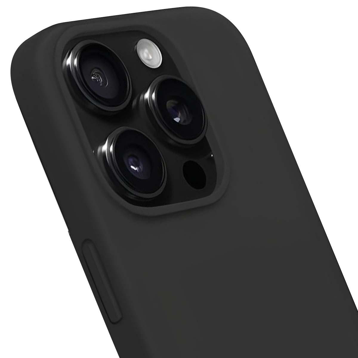 Una custodia nera per telefono con tre lenti e flash.