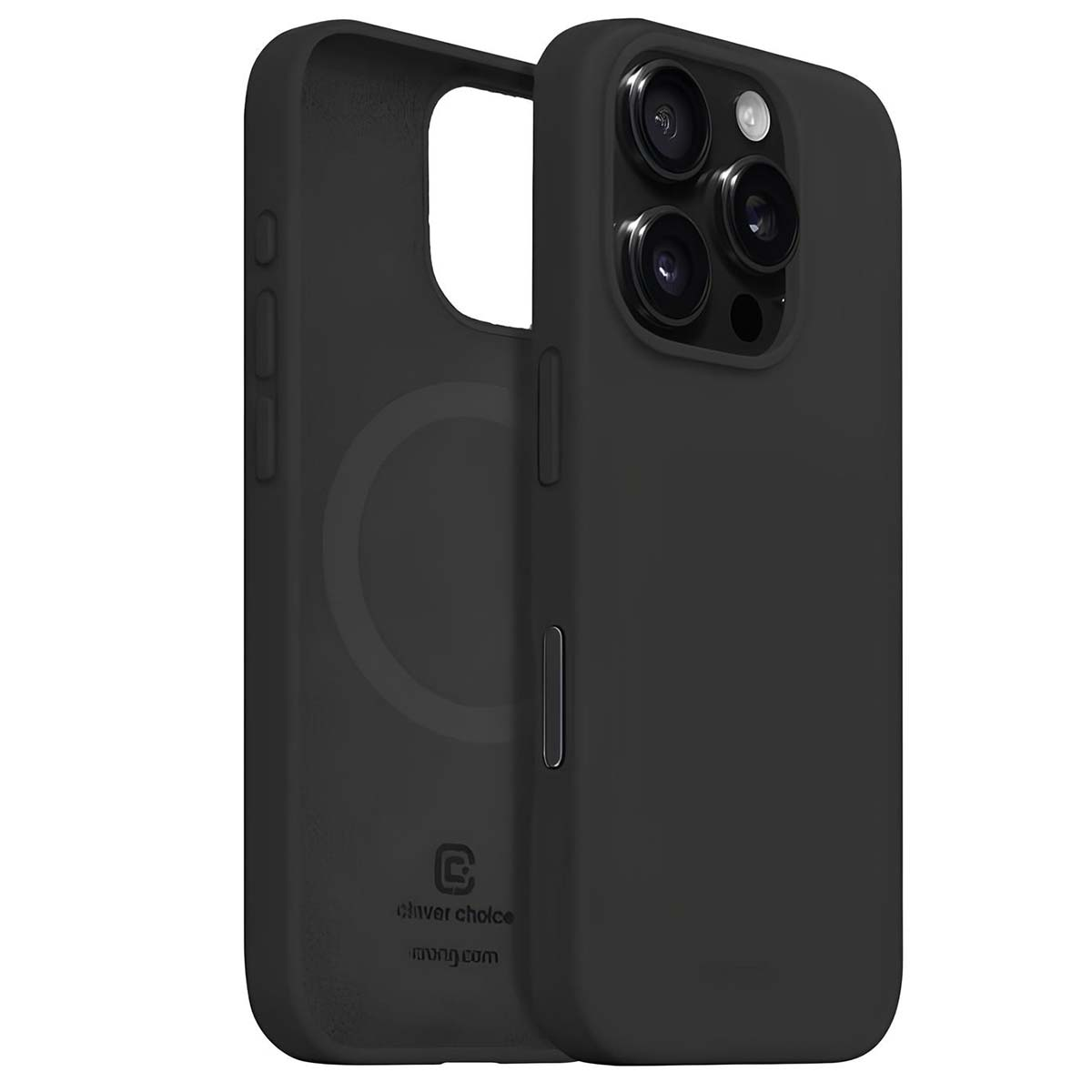 Custodia nera per telefono con tre lenti e logo.