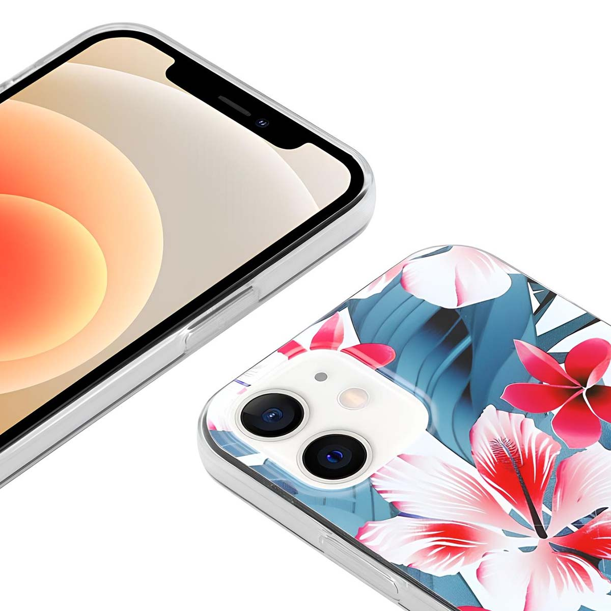 Uno smartphone con una custodia a fantasia floreale tropicale.