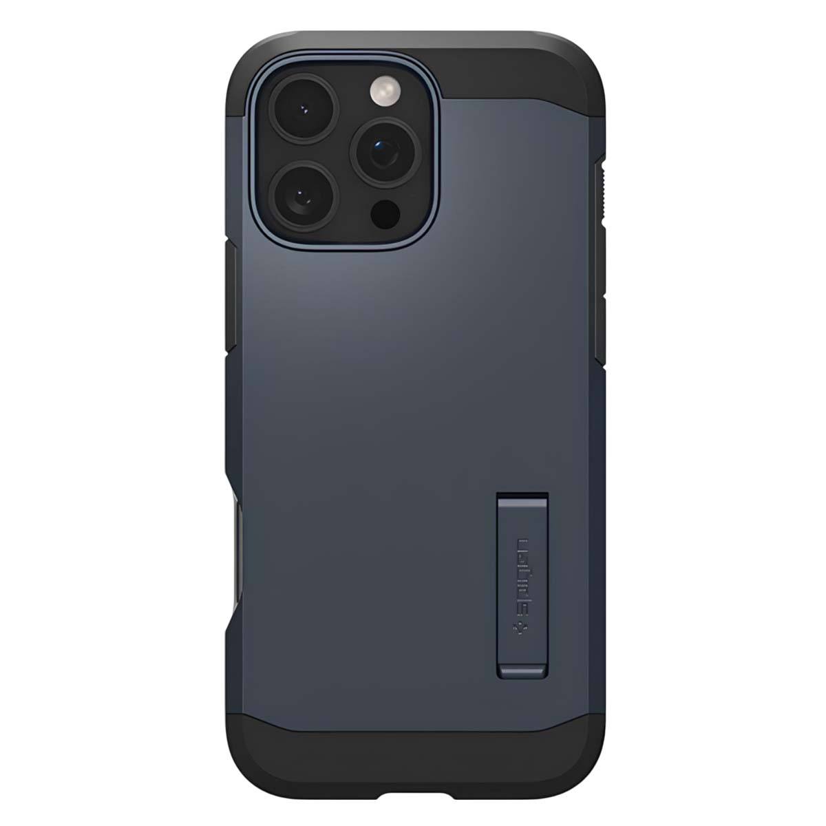 Una cover per telefono blu scuro con tre obiettivi e un cavalletto.
