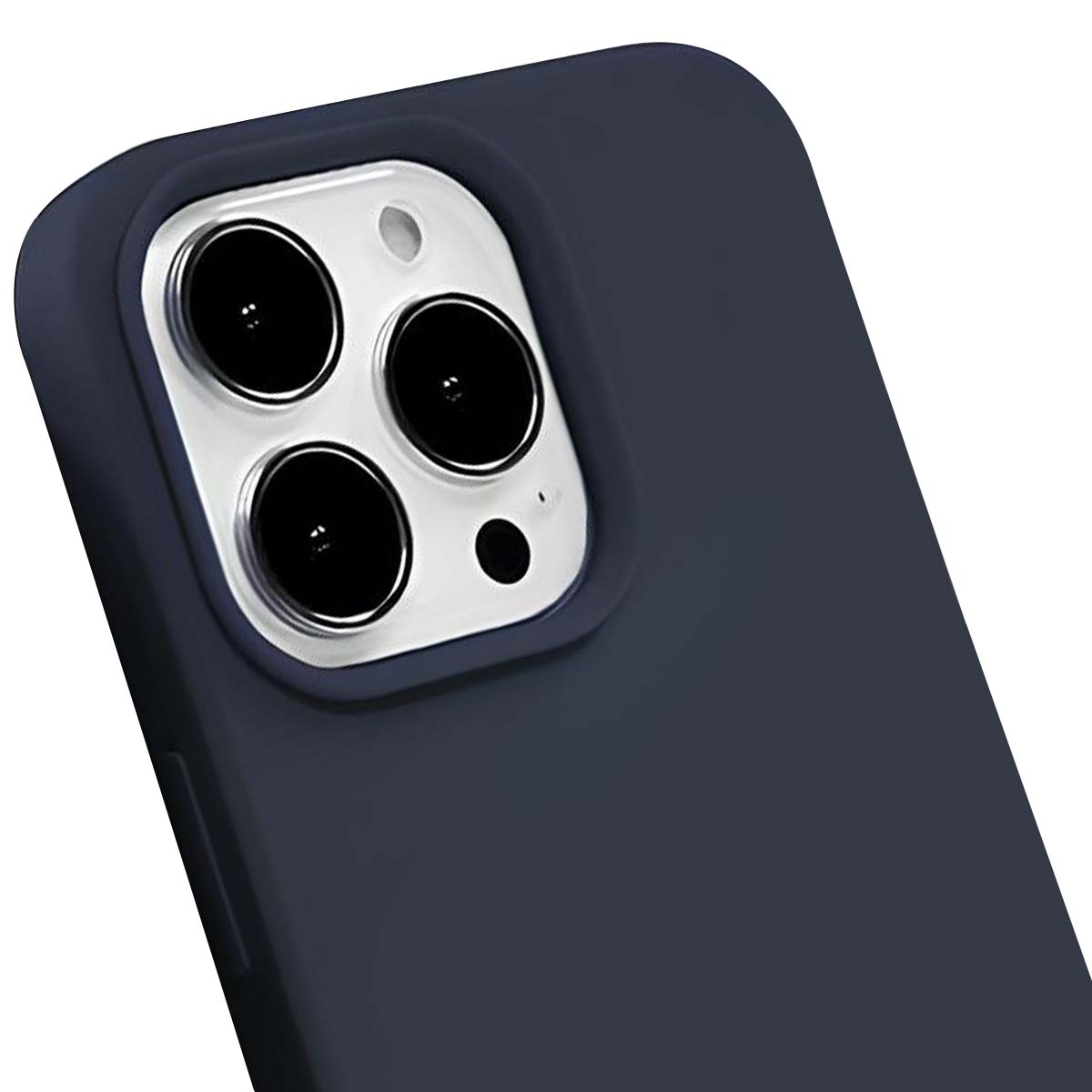 Custodia blu scuro per telefono con modulo fotocamera e tre lenti.