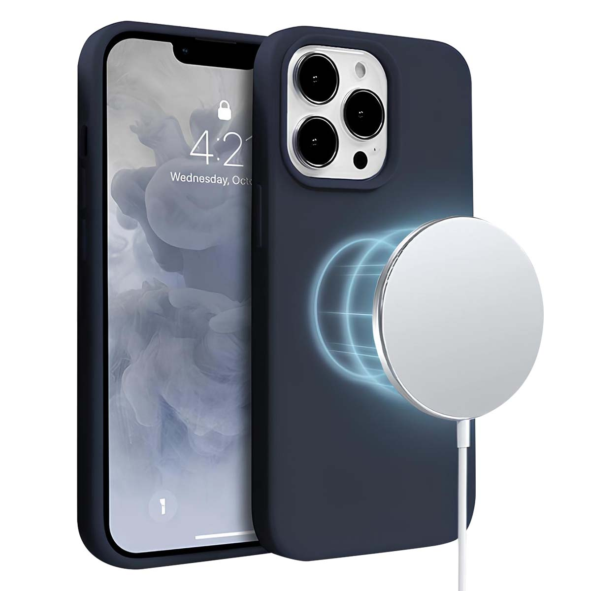Una cover scura per telefono con caricatore magnetico. Ore 4:20.