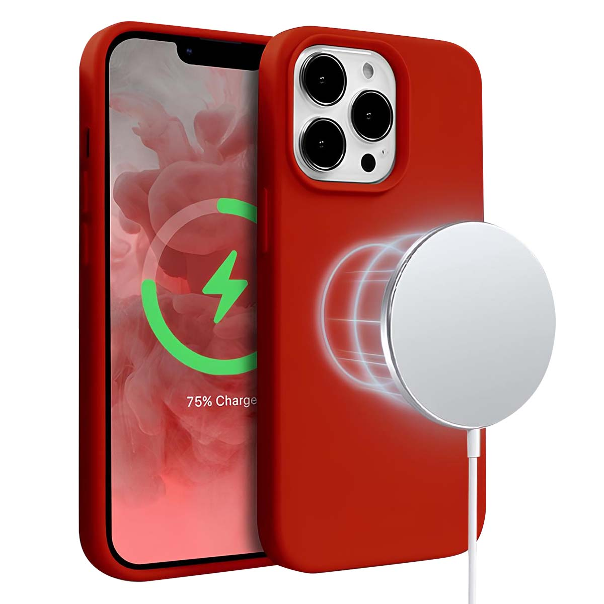 iPhone rosso con caricatore MagSafe e 75% di carica visualizzati.