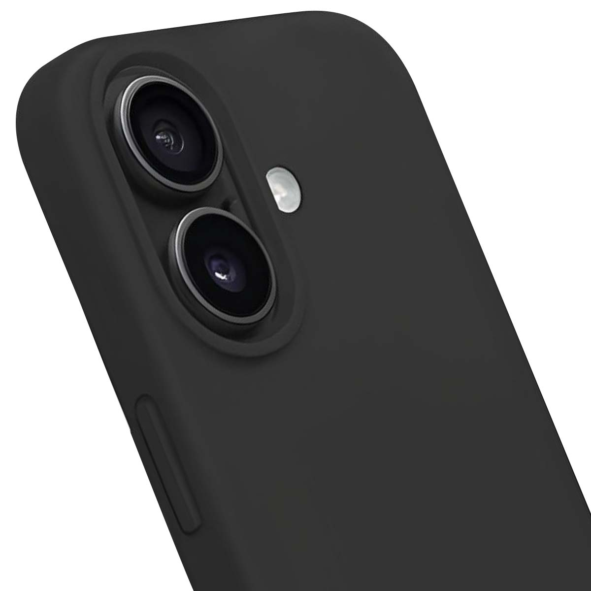 Primo piano di una cover nera per telefono con due obiettivi e flash.