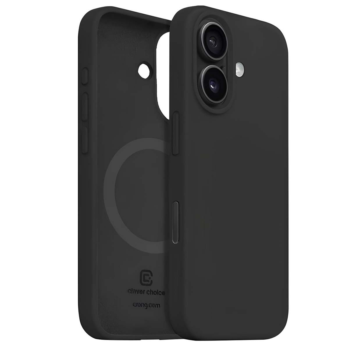 Custodia nera per telefono con due fotocamere, su sfondo bianco.