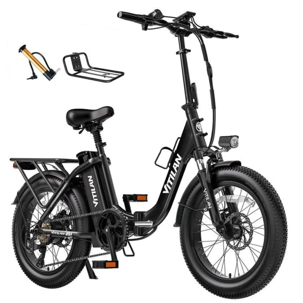 Bici elettrica pieghevole nera con pompa e portapacchi.