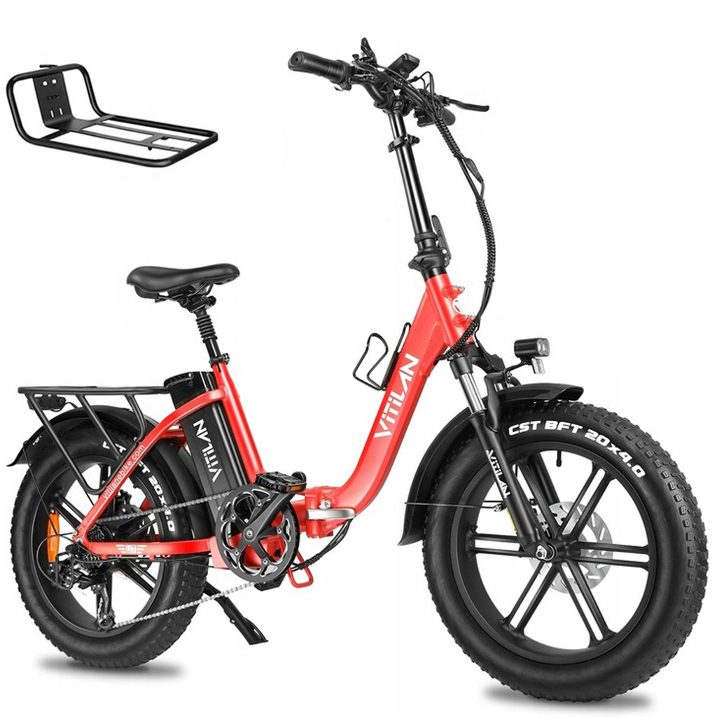 Bici elettrica pieghevole rossa con pneumatici grassi e portapacchi.