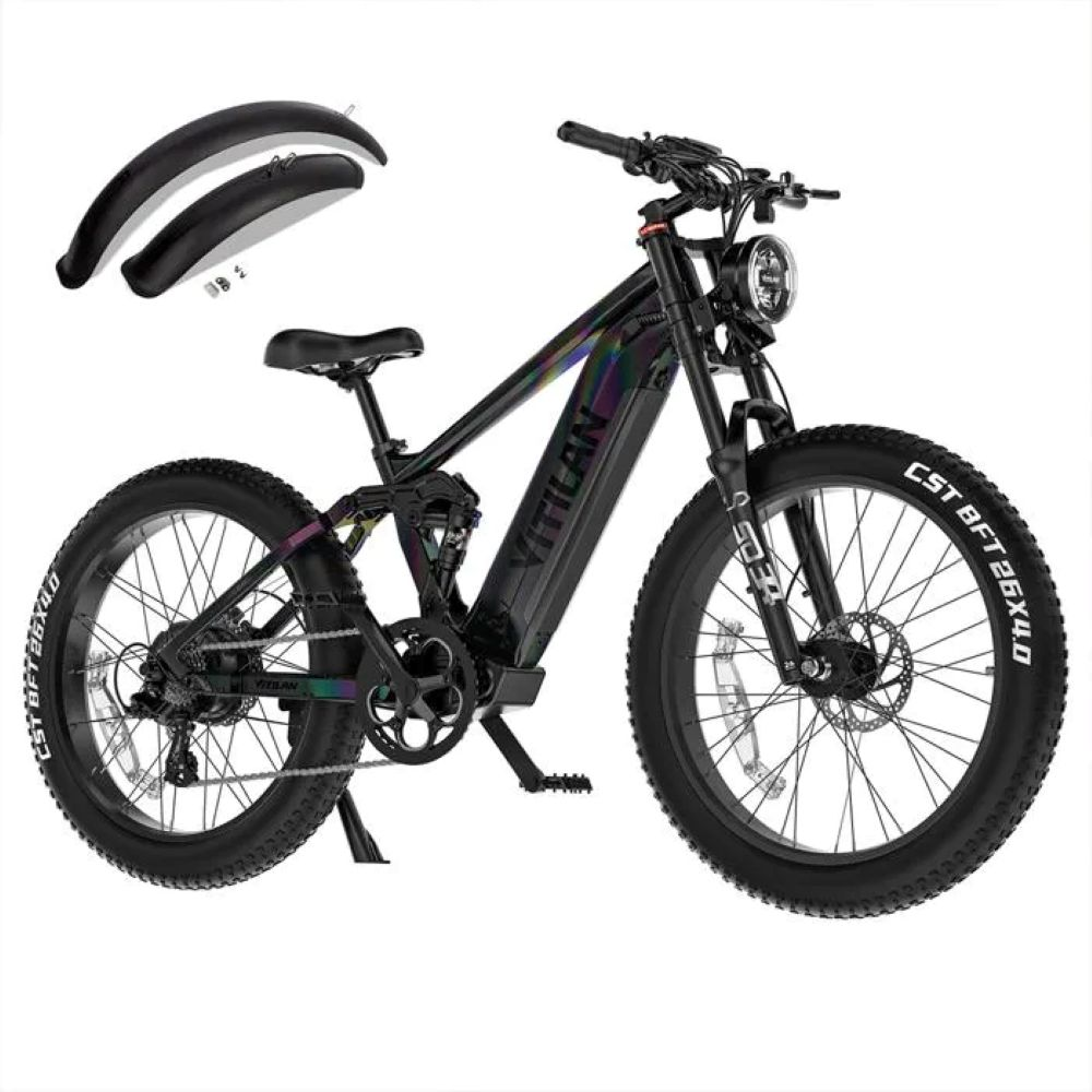 Bici elettrica nera con pneumatici larghi, sospensioni e due parafanghi.