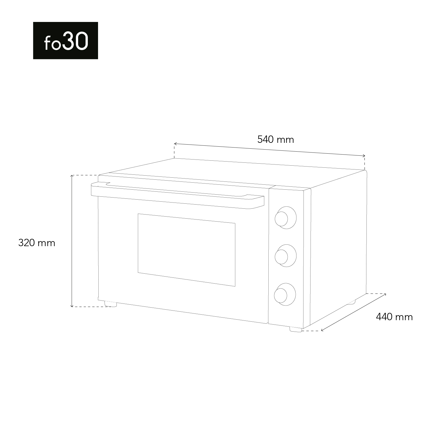 Disegno di un forno con dimensioni: 540 mm larghezza, 320 mm altezza, 440 mm profondità.