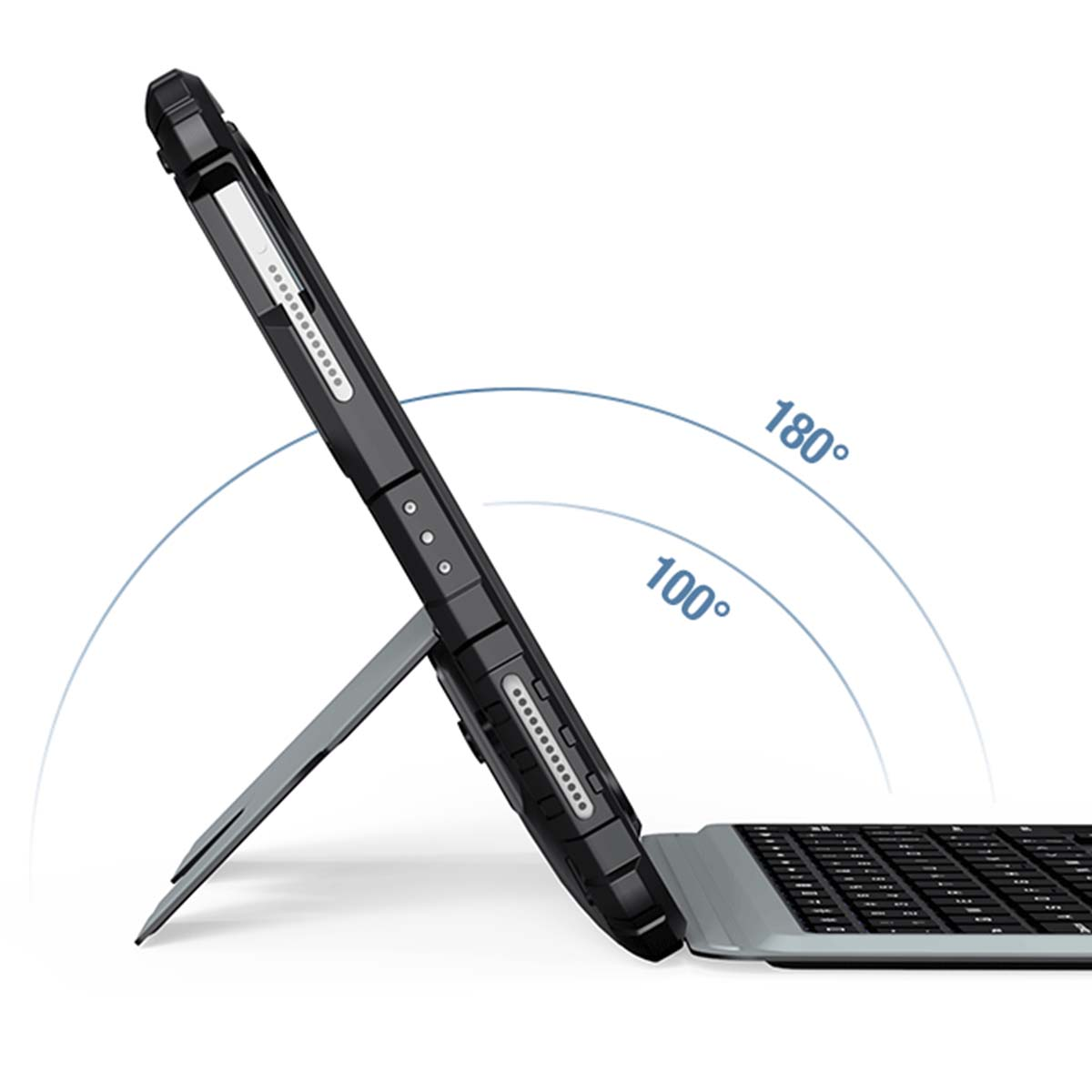 Ein schwarzes Tablet mit Tastaturständer, 100- und 180-Grad-Winkelanzeige.