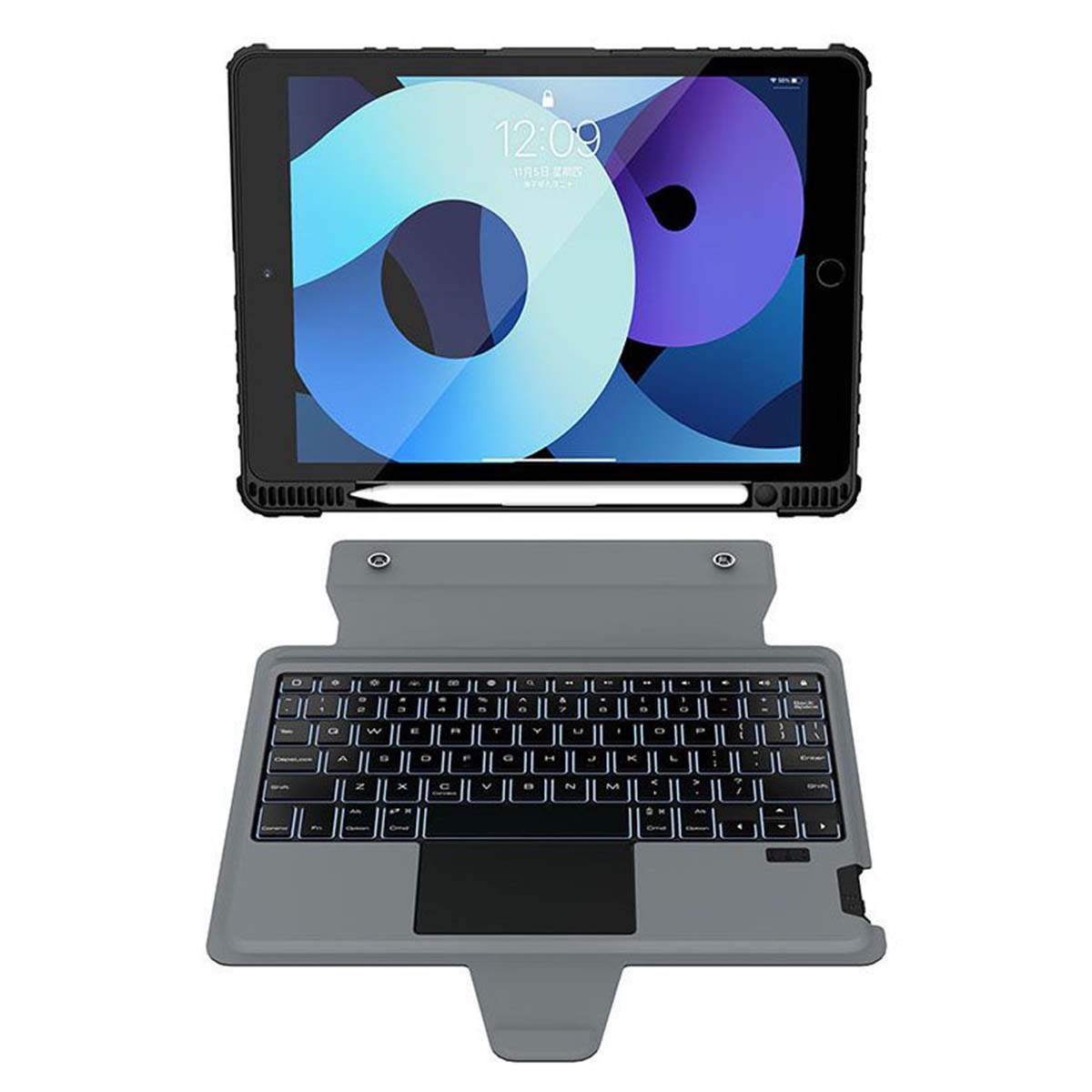 Tablet in schwarzer Hülle mit Stift, über grauer Tastaturhülle.