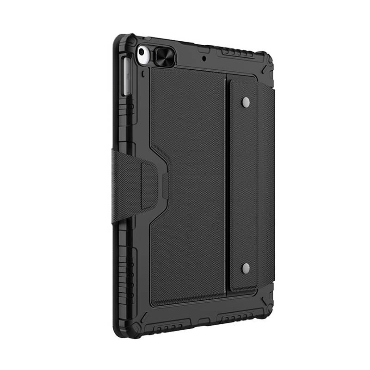 Funda negra para tableta con parte trasera texturizada y función de soporte.