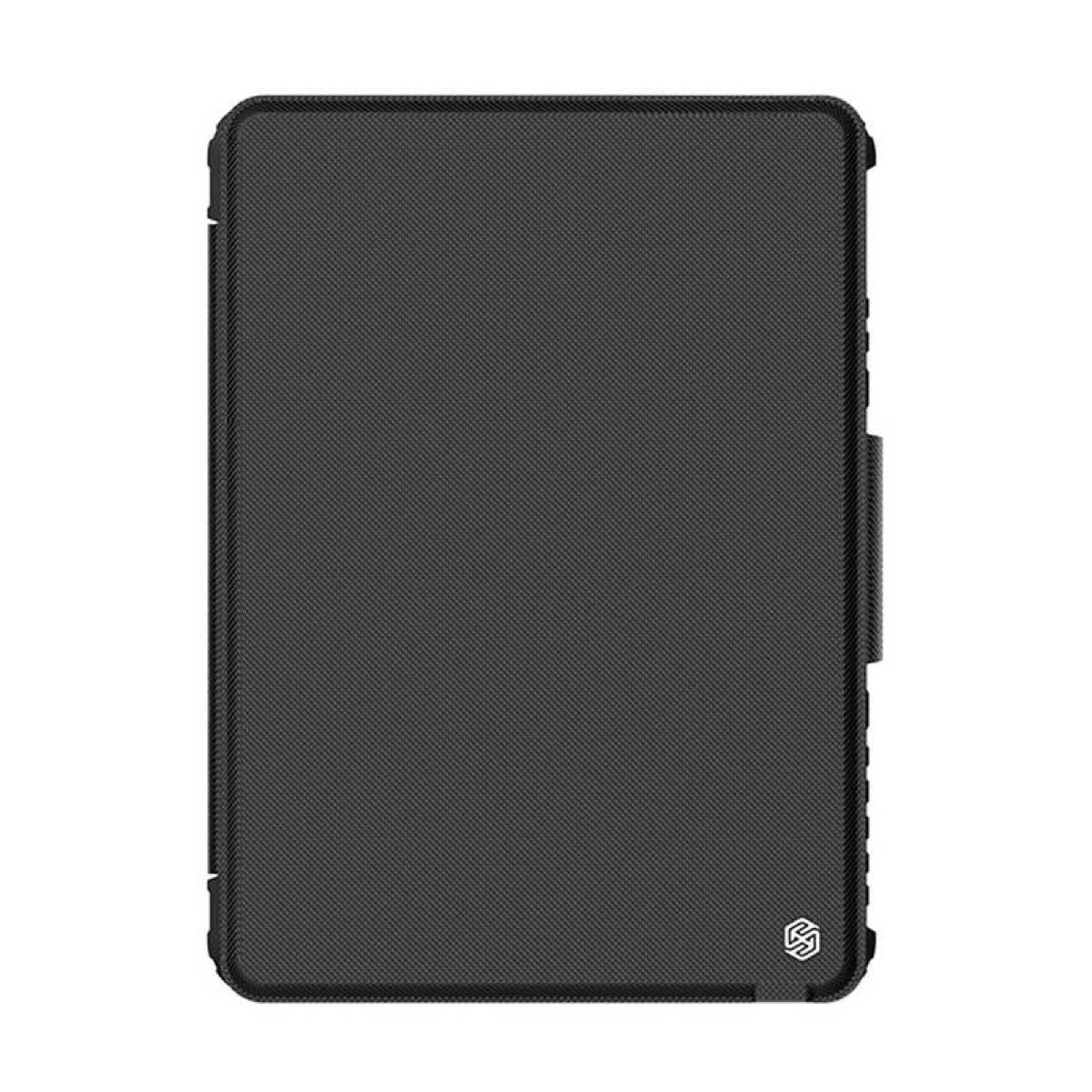 Funda negra para tableta con superficie texturizada y logo abajo a la derecha.