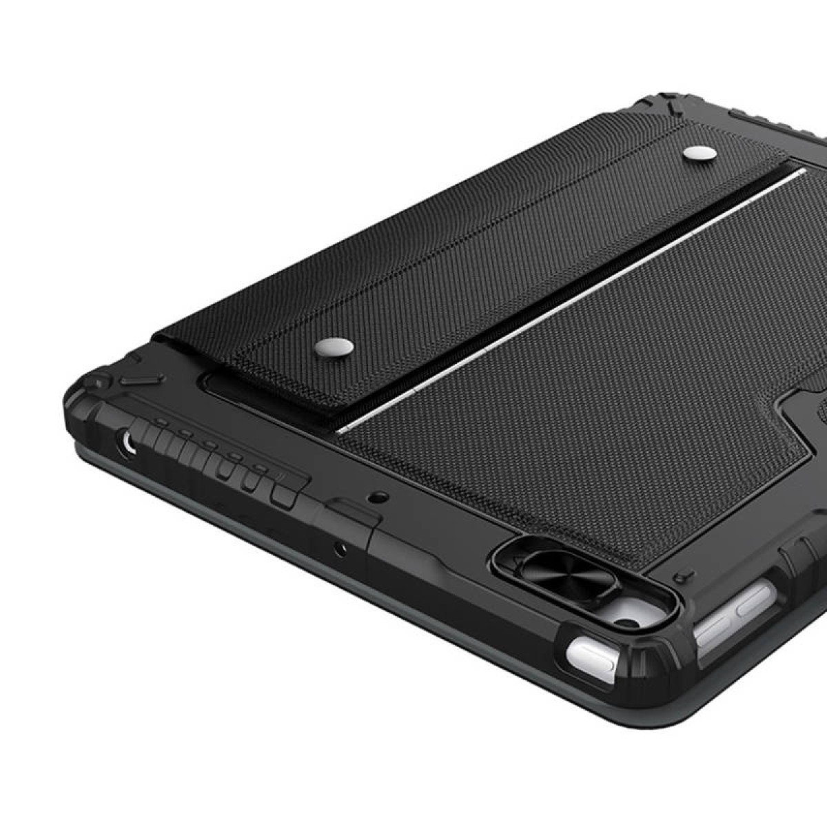 Funda negra para tableta con soporte y superficie texturizada.