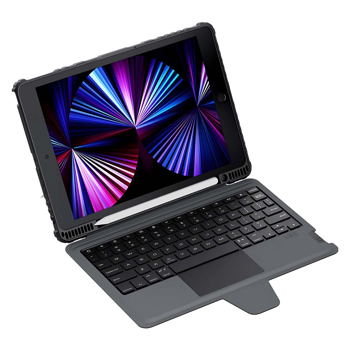 Una tableta negra con teclado y lápiz, sobre fondo blanco.