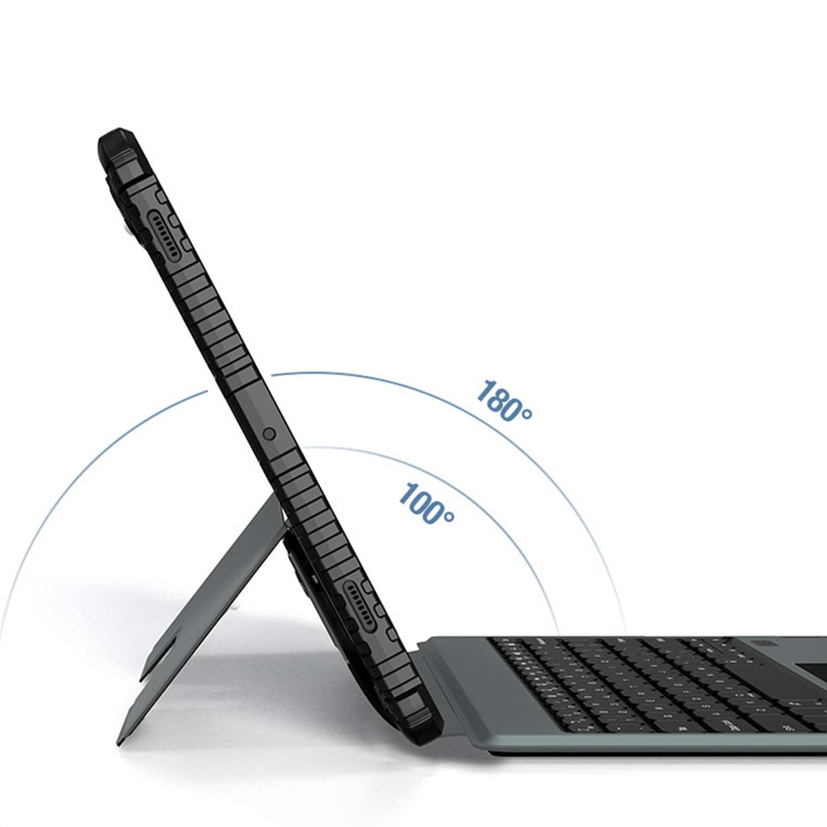 Schwarzes Tablet mit Tastatur und Ständer; Winkel 100° und 180°.