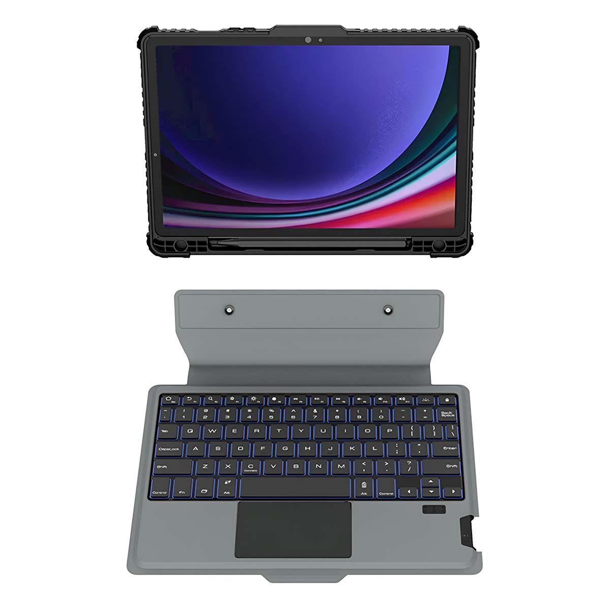 Ein schwarzes Tablet mit farbigem Bildschirm über einer grauen Tastatur mit Touchpad.