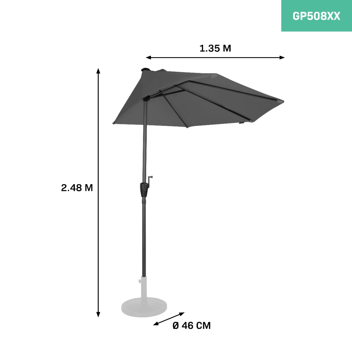 Een grijze parasol met een diameter van 1,35 m en een hoogte van 2,48 m.
