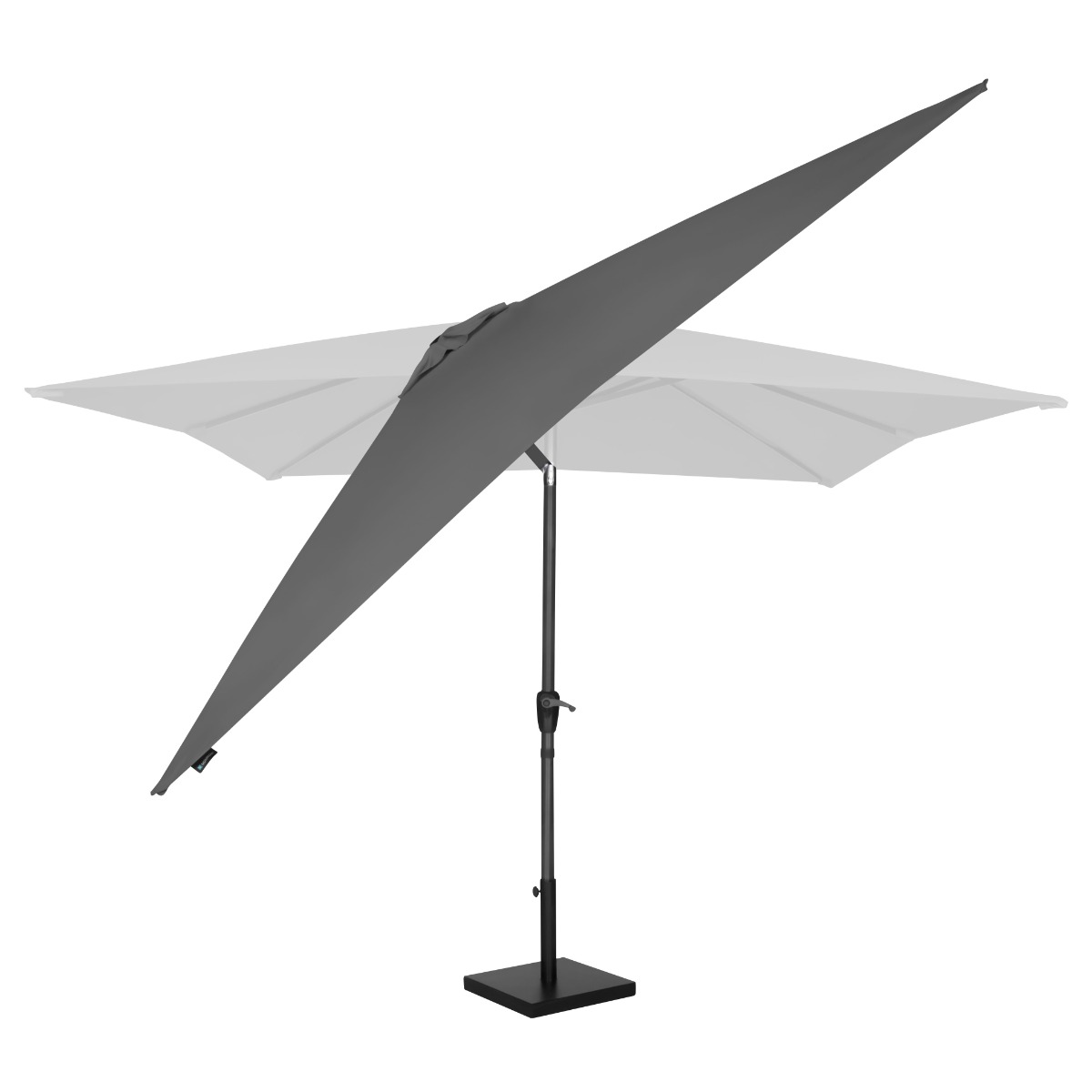 Een grijze parasol met rechthoekige kap op een zwarte standaard.
