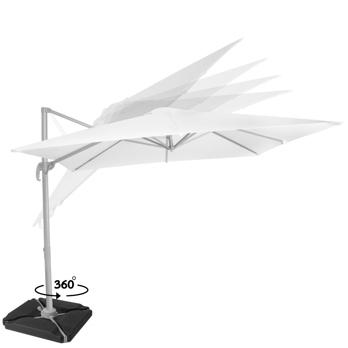 Een witte zweefparasol met zilverkleurig frame op een zwarte voet, 360 graden draaibaar.
