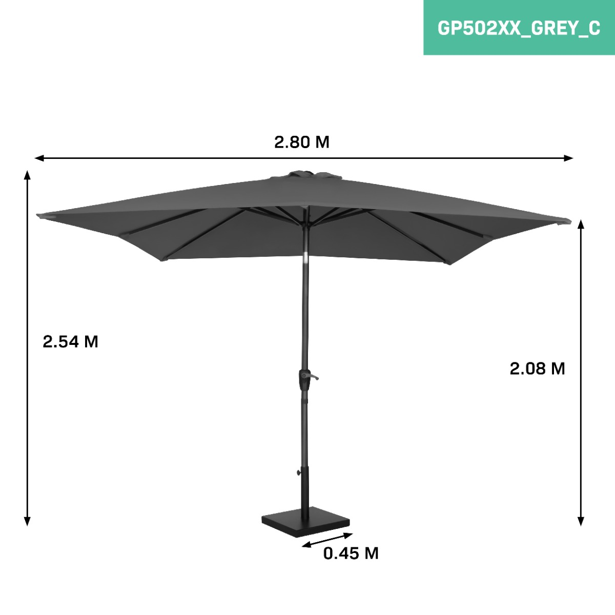 Een grijze parasol met een rechthoekige luifel en zwarte voet.