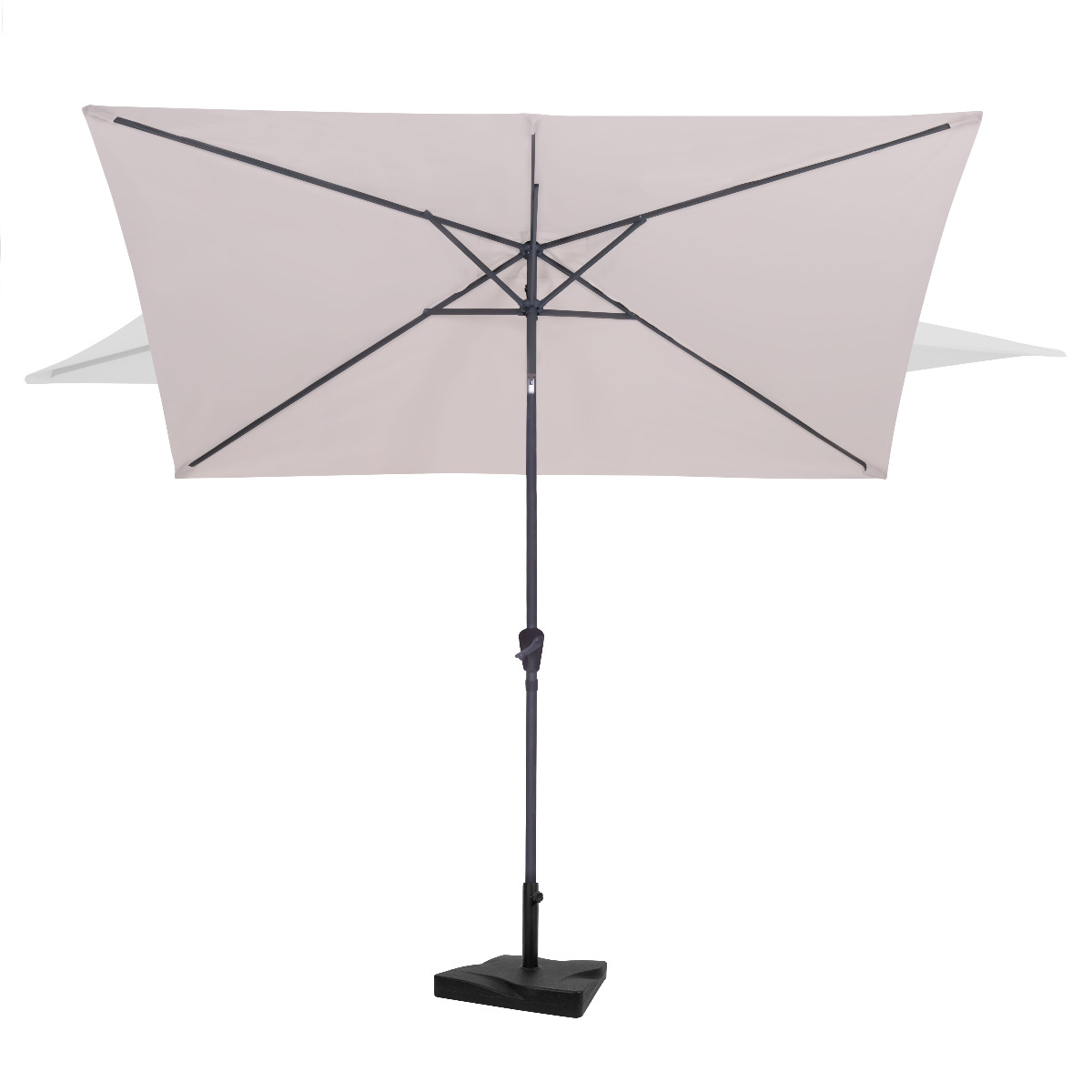 A rectangular beige umbrella with a black frame and base.