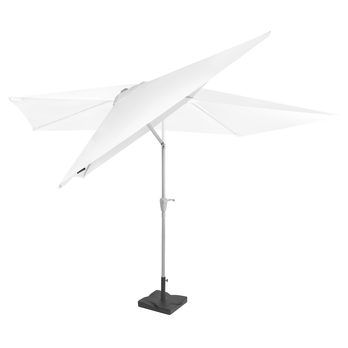A white patio umbrella with a gray pole and a dark square base.