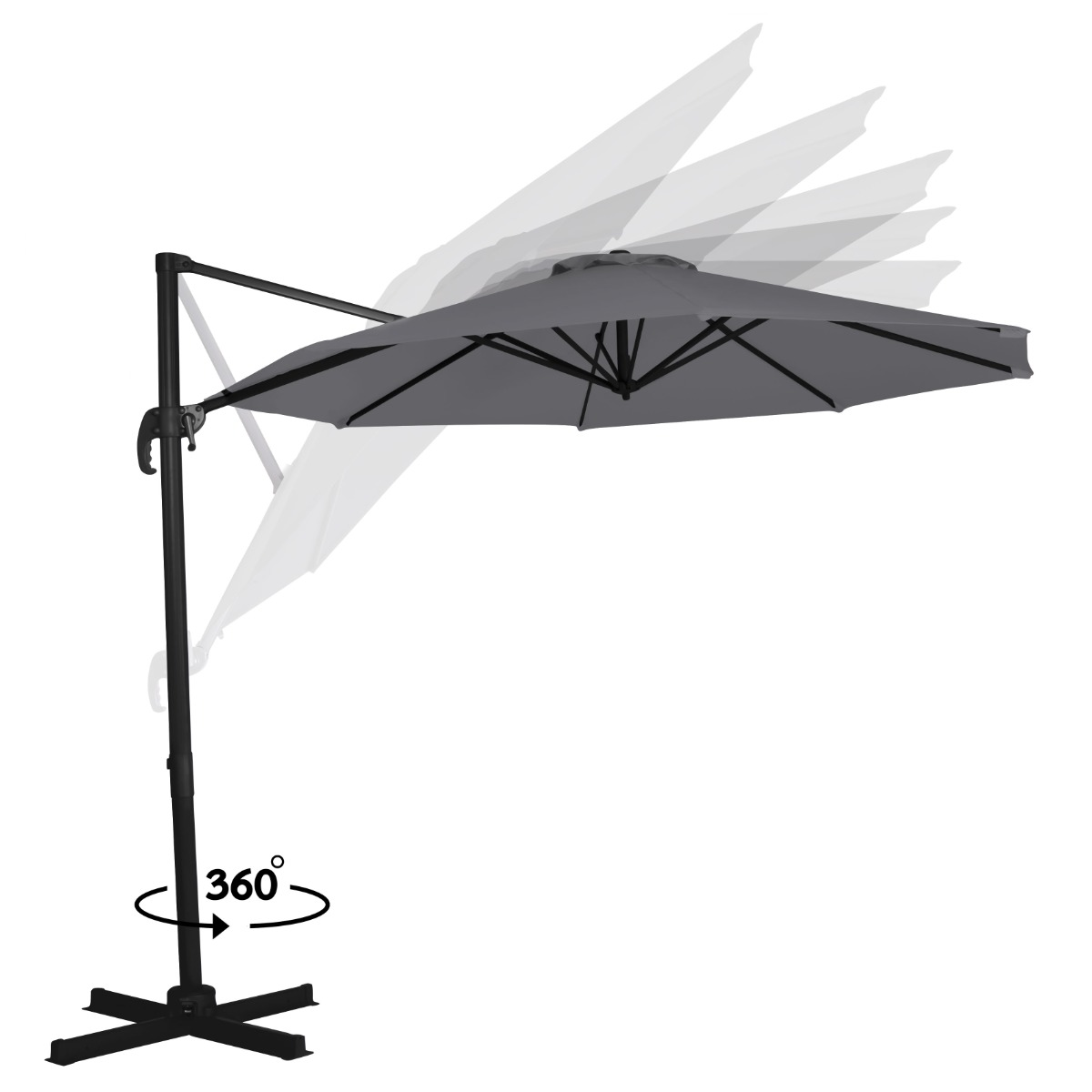 A gray cantilever umbrella with 360-degree rotation on a black cross base.