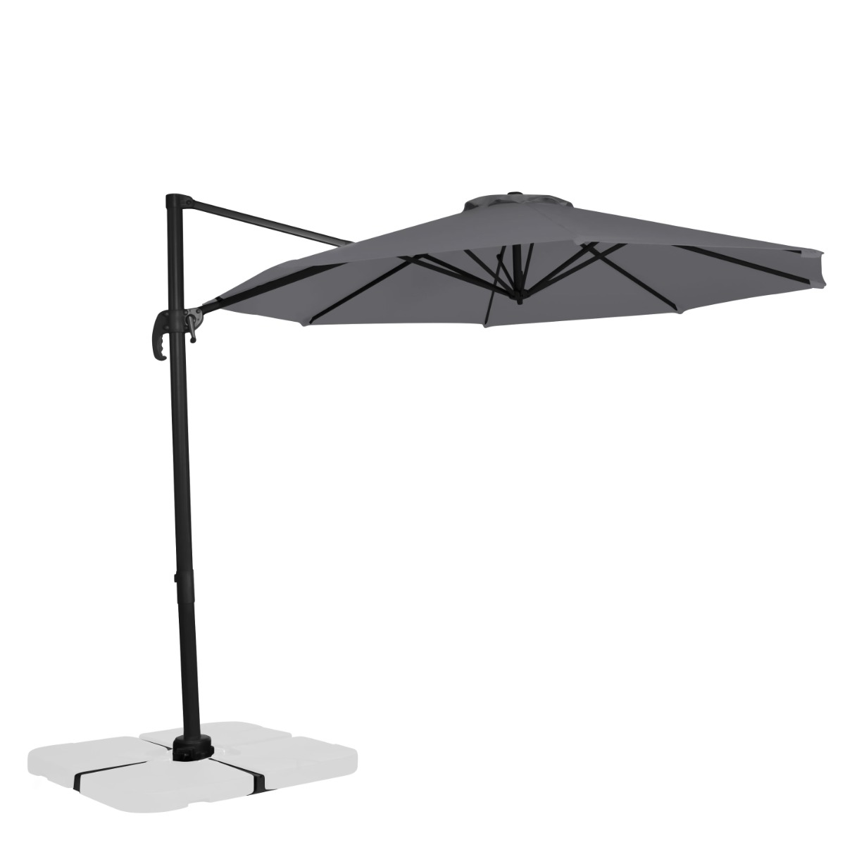Gray cantilever umbrella on black pole with square base on white background.