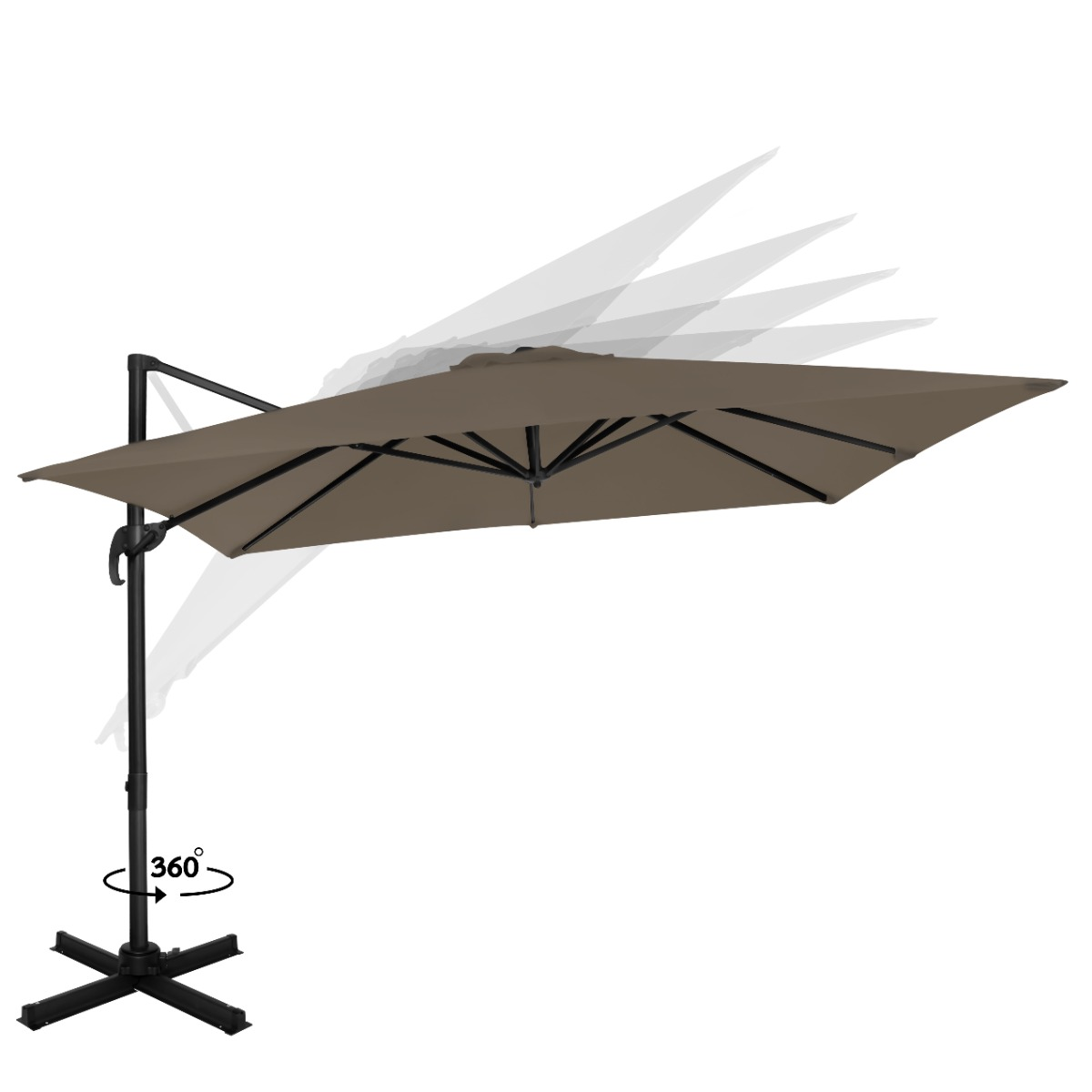 A brown cantilever umbrella with a black frame on a white background.