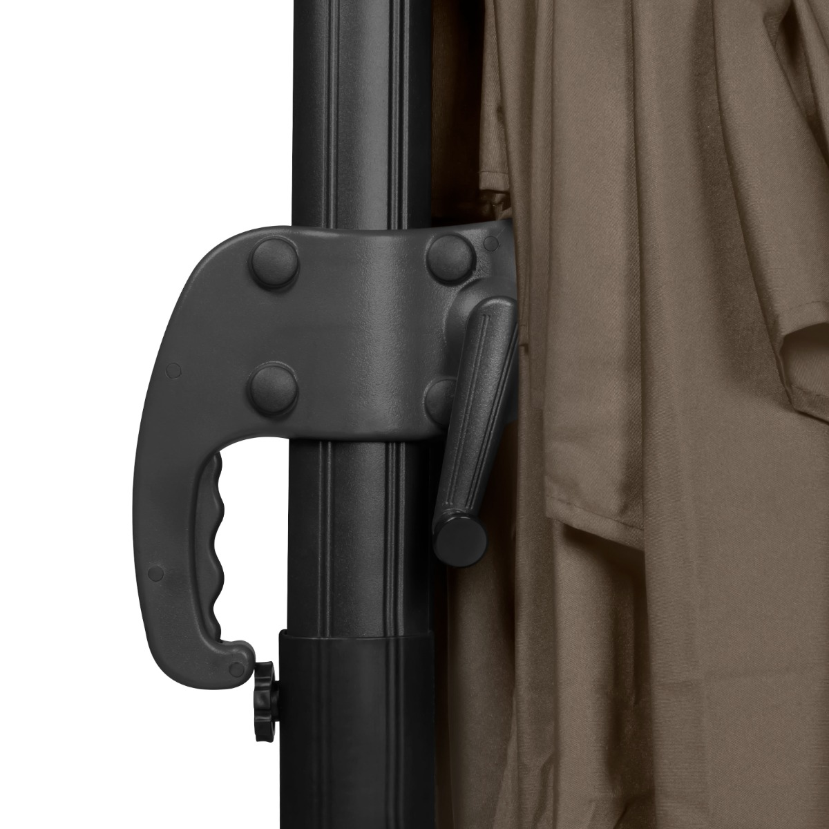A black handle and crank on a patio umbrella pole with brown fabric.