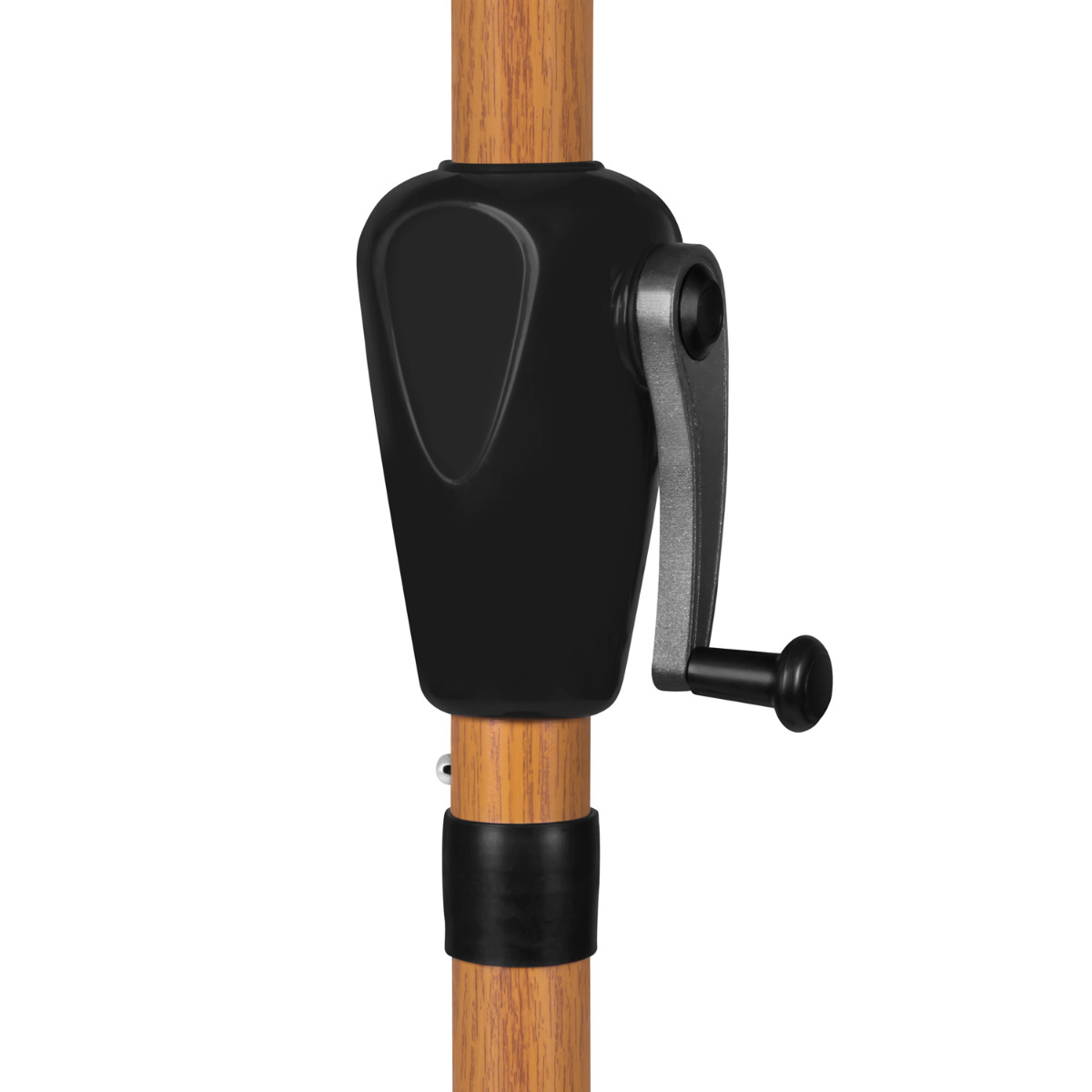 Wooden umbrella pole with a black crank mechanism and handle.