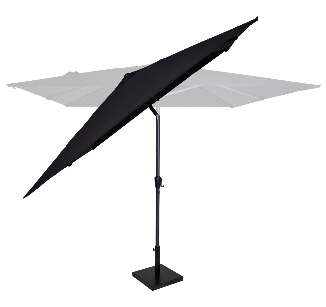 A black umbrella with a rectangular canopy, standing on a base.