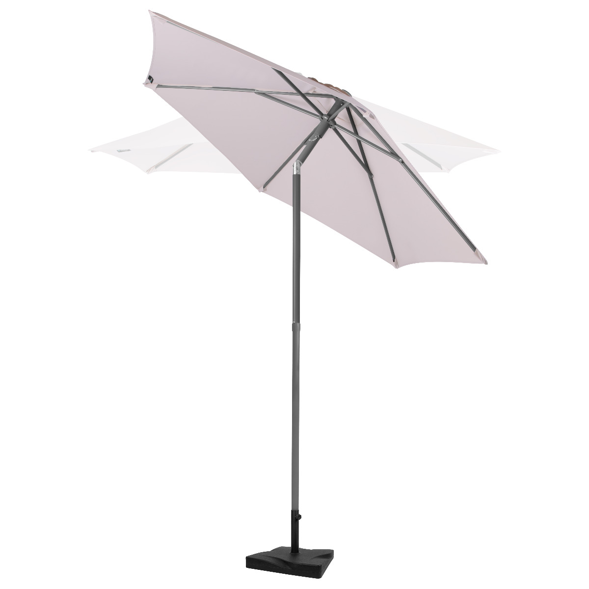 A light-colored umbrella with a gray pole and black base on a white background.
