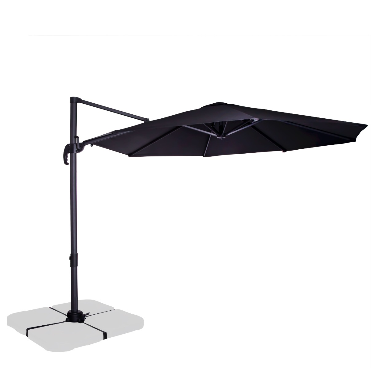A black cantilever umbrella with a rectangular canopy and a side pole on a base.