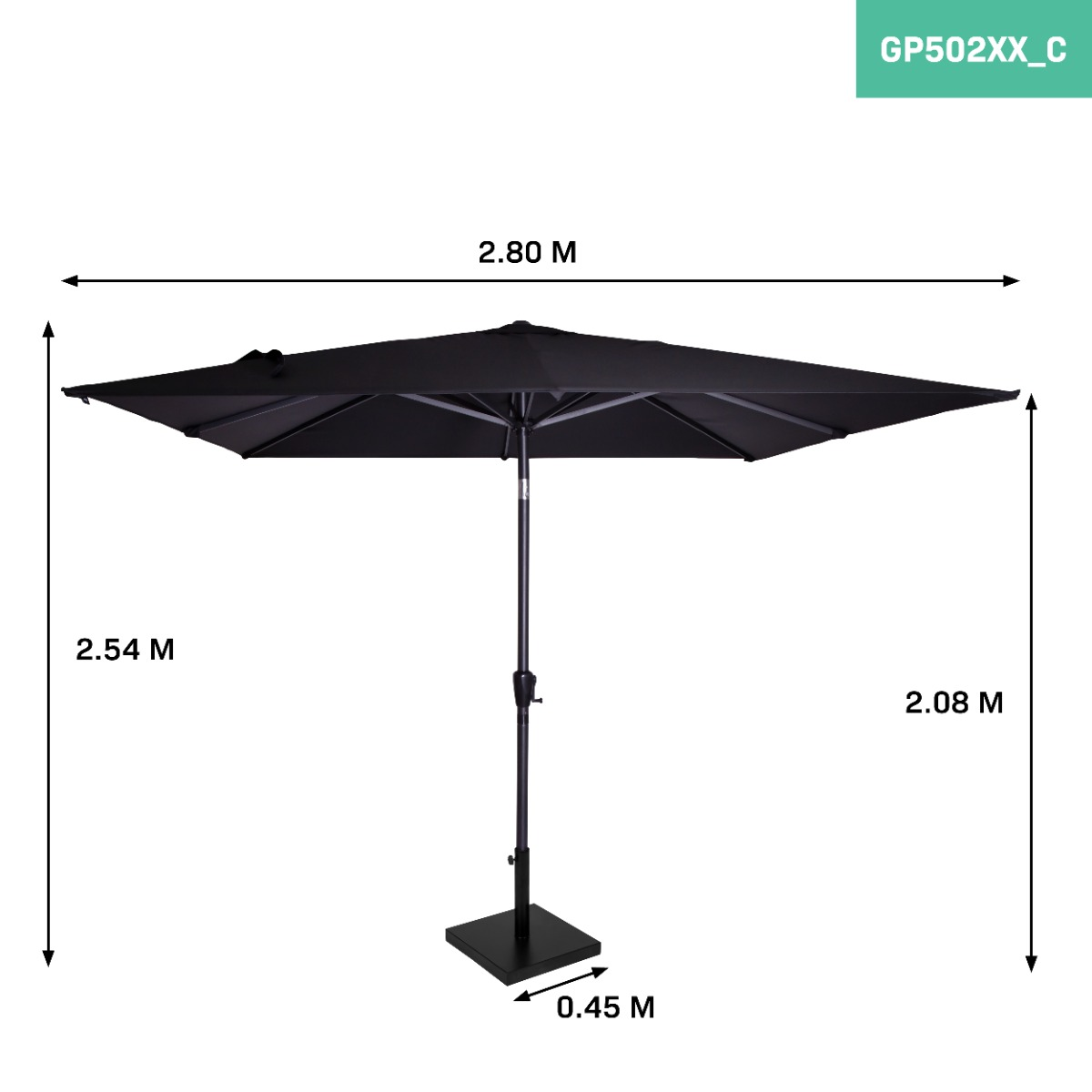 A black parasol with a square canopy and a black base.