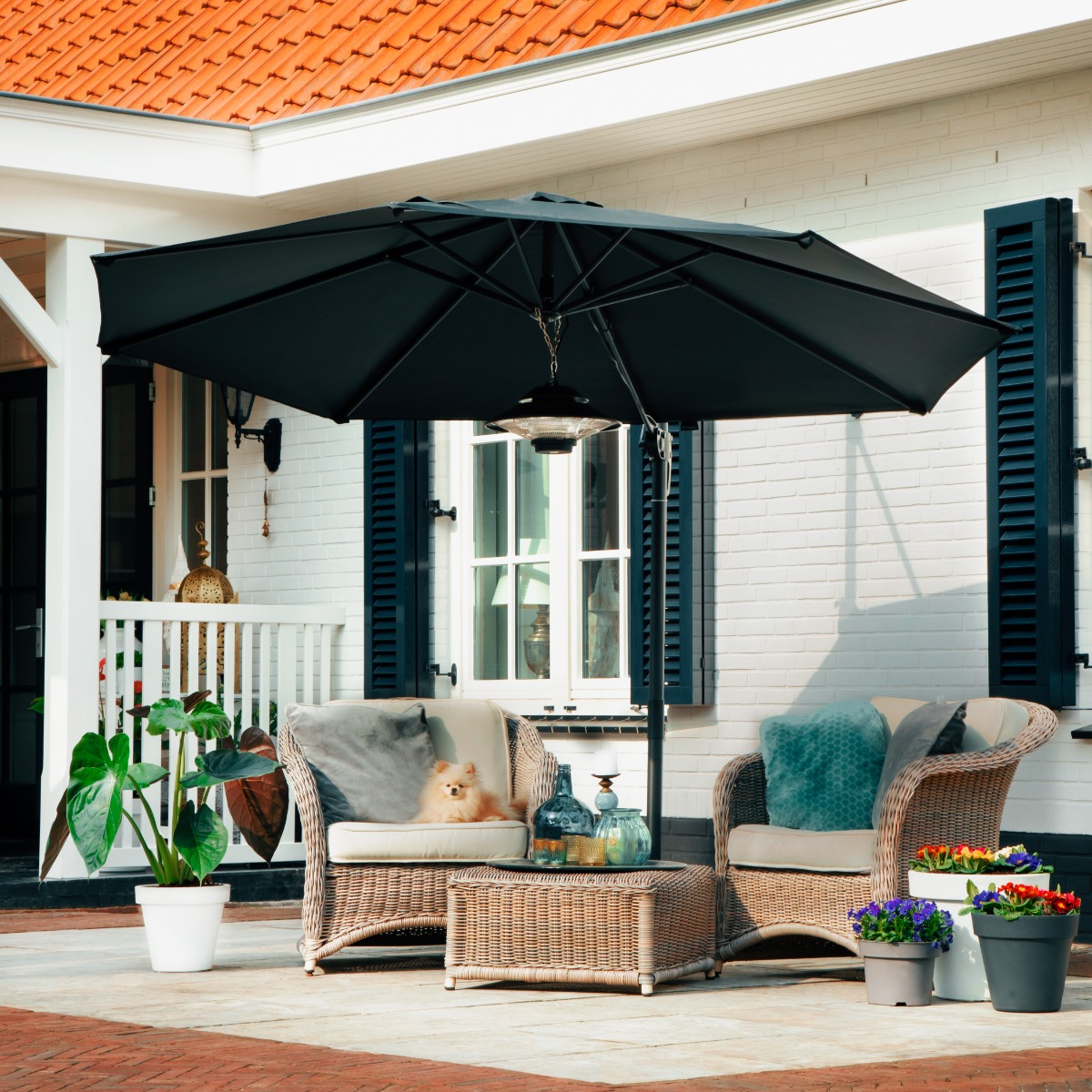 A Pomeranian dog sits on a wicker chair under a patio umbrella with a heater.