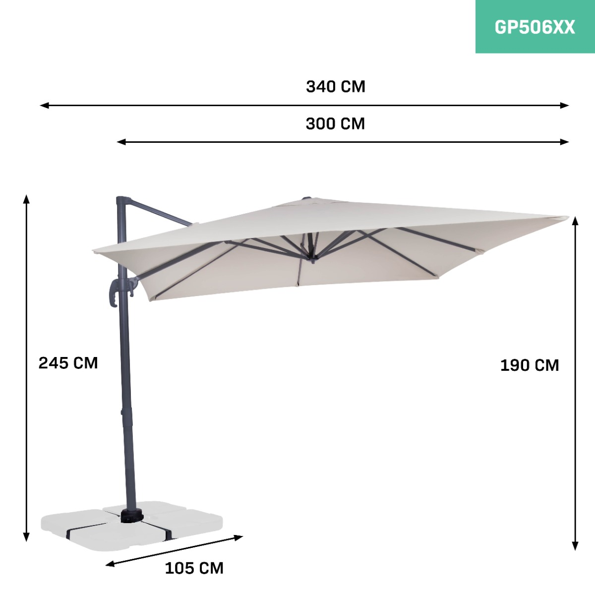 Cream cantilever umbrella with dark pole and base. Dimensions shown.