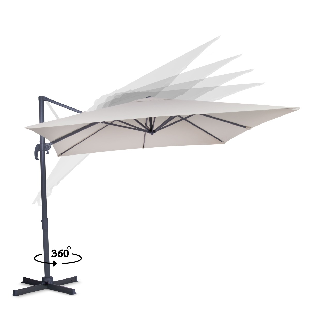A beige cantilever umbrella with a dark frame, shown rotating.