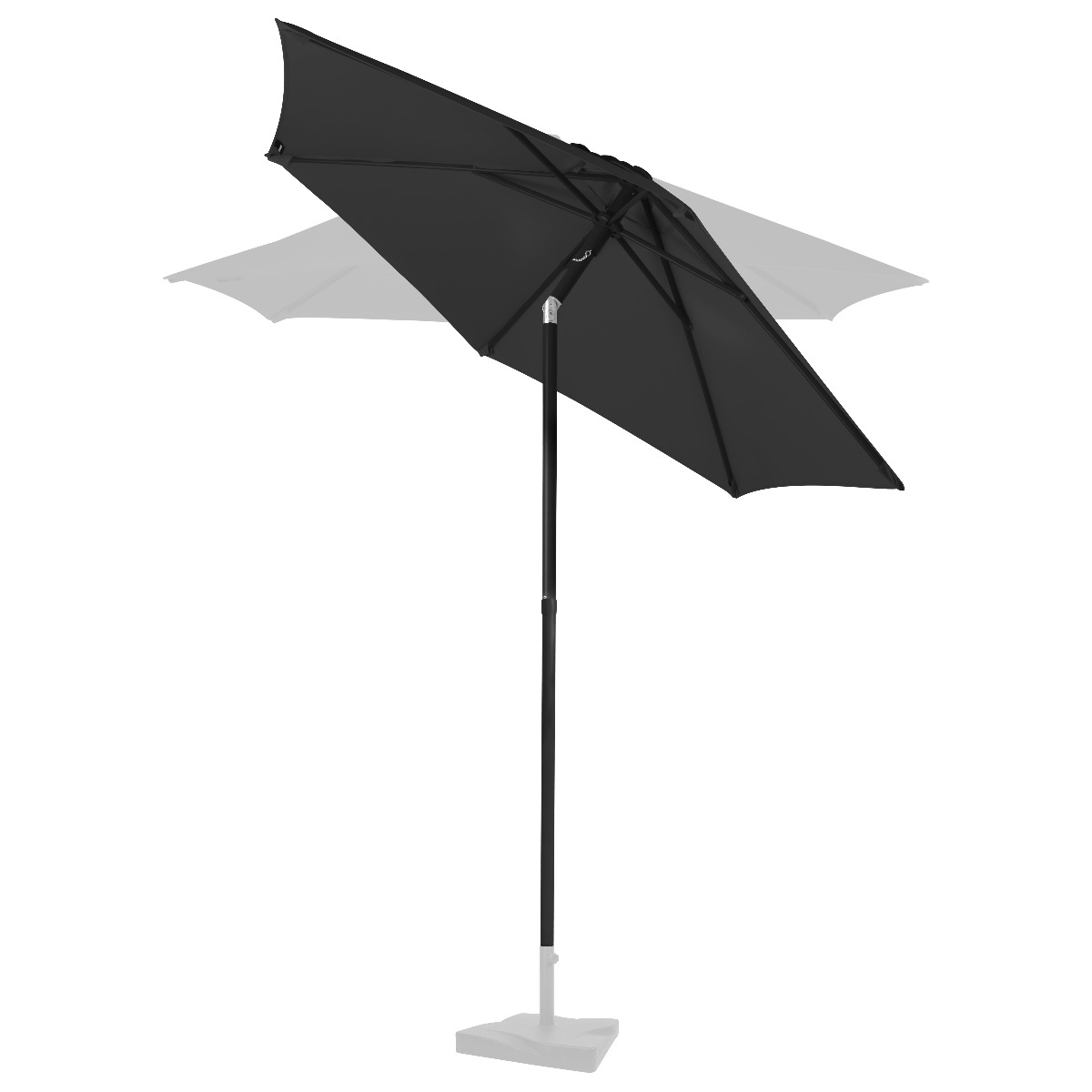 Zwarte parasol op een witte standaard, licht gekanteld.