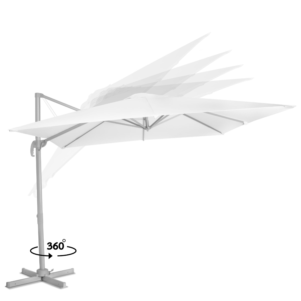 Een witte zweefparasol met draaibare voet, getoond in meerdere posities.
