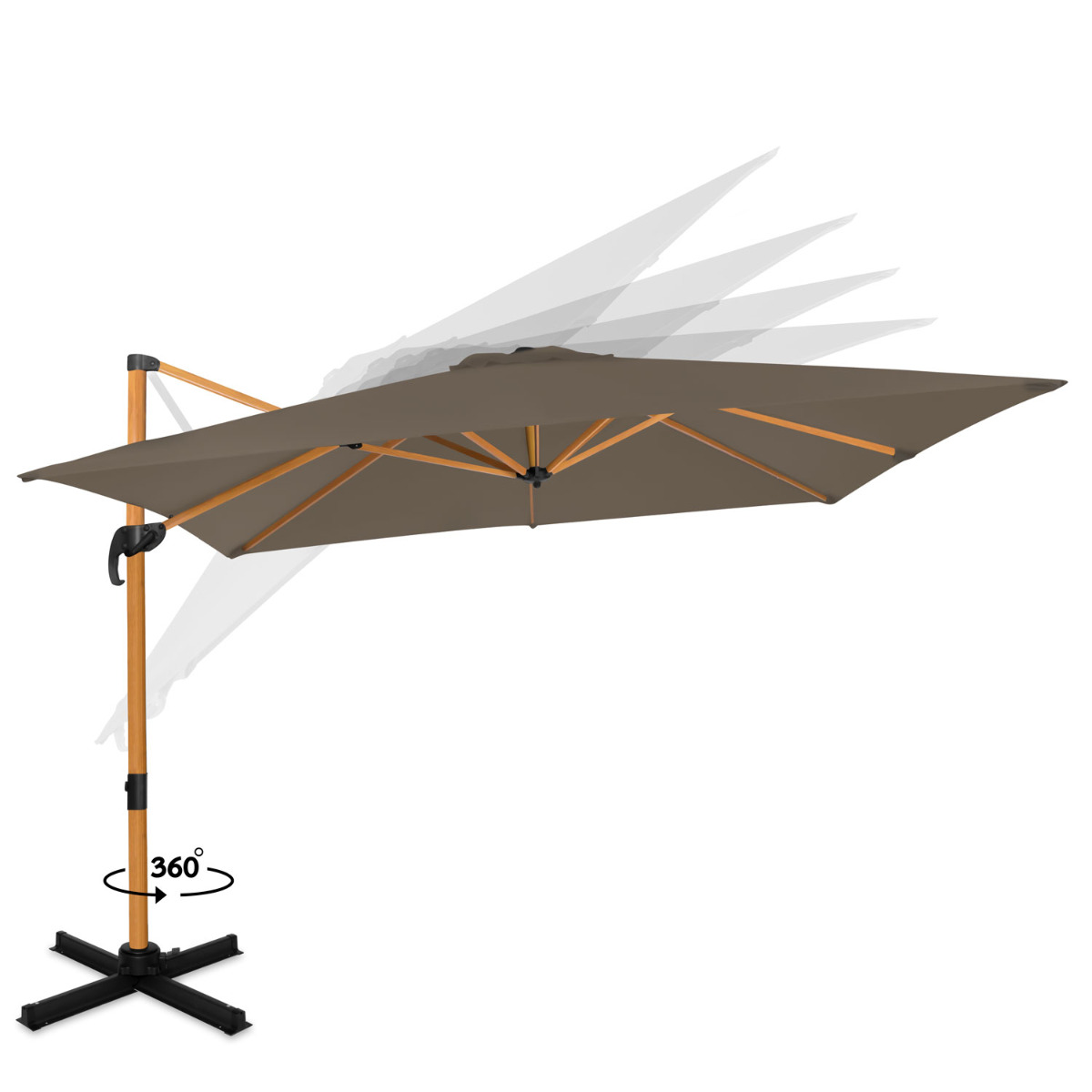 Bruine parasol met houten frame en zwarte voet